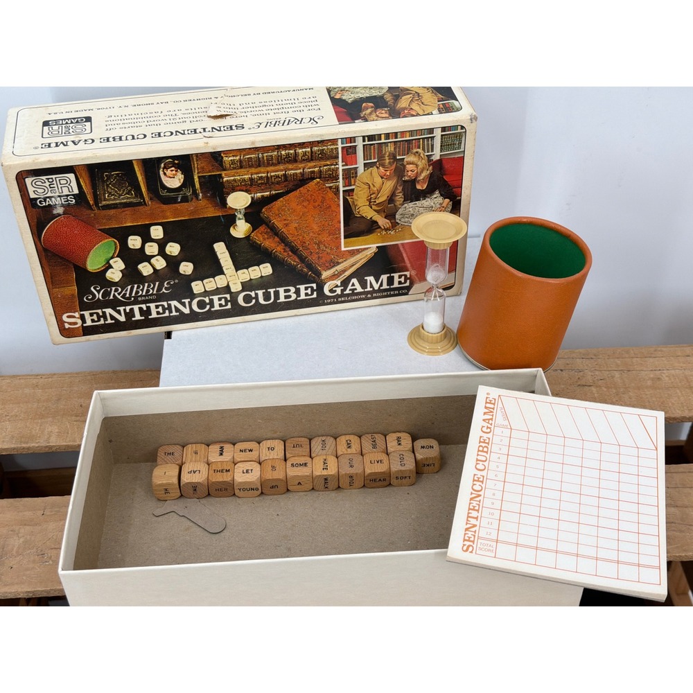 Vintage 1971 Scrabble Sentence Cube Game Selchow & Righter Wood Dice Word Game